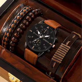 Kit Masculino Relógio de Quartzo + 3 Pulseiras de Couro Trançado - Dominus