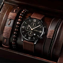 Kit Masculino Relógio de Quartzo + 3 Pulseiras de Couro Trançado - Dominus