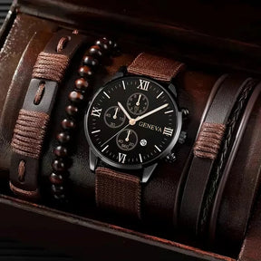 Kit Masculino Relógio de Quartzo + 3 Pulseiras de Couro Trançado - Dominus